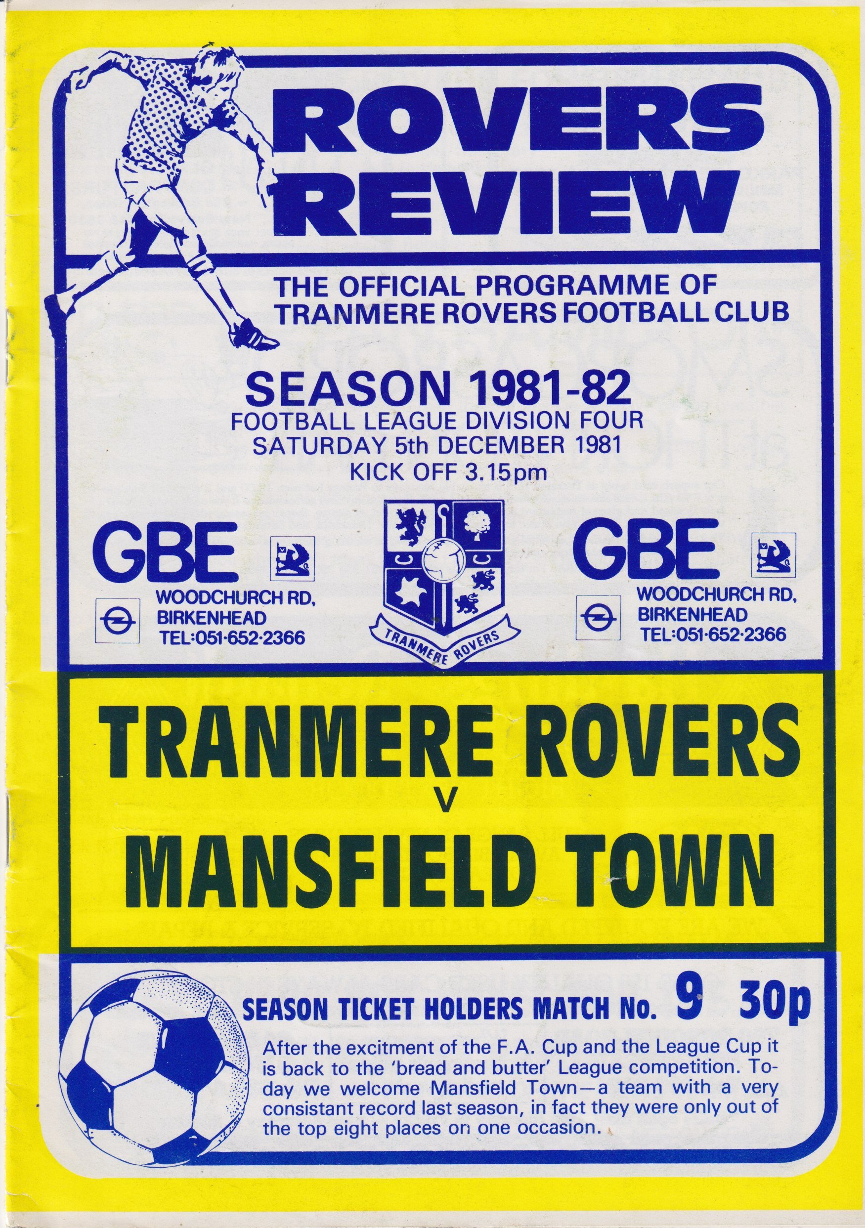 Tranmere Rovers v Mansfield Town match programme